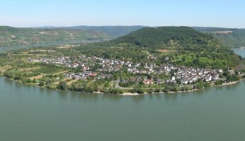 Luftaufnahme vom Rhein mit Dorf und bewaldetem Ufer